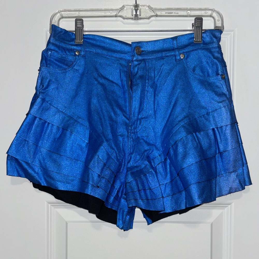 AKIRA Metallic Blue Tiered Ruffle Shorts